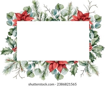 Watercolor vector Horizontal frame with Holly berries, poinsettia, cedar branches, eucalyptus. Greenery. Template for text, greeting cards, invitation, wedding card, celebration, banner, print, poster