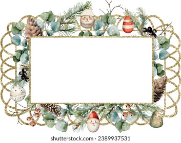 Watercolor vector horizontal lacy brilliant golden frame with cedar branches, eucalyptus, christmas tree toys. Greenery. Template space for text, message, greeting cards, invitation, wedding card.