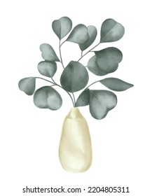 Watercolor vector house green plants in ceramic vase with branches of eucalyptus. Eco home decor 