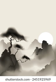 A watercolor vector illustration of an Asian landscape, featuring misty mountains and a serene sunset. Japanese and Chinese art, minimalist design Perfect for posters, wallpapers. Not AI.