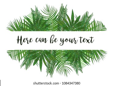 Watercolor vector illustration of a banner with kentia, areca, howea, sago, coconut leaves isolated on white background. beautiful green foliage for postcards, posters, invitations
