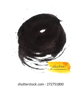 Watercolor vector illustration or banner with round black brush stroke on gray background.