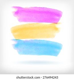 Watercolor vector illustration or banner with three bright brush daubs on white background
