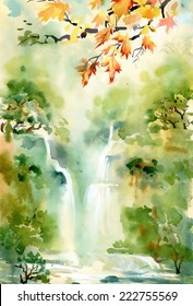 Watercolor vector illustration of beautiful waterfall and mountains 