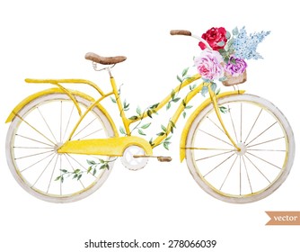 Watercolor Vector Illustration Bike Basket With Flowers