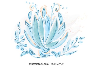 Watercolor vector  illustration with blue leaves and flowers