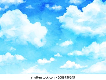 Watercolor vector illustration of blue sky and clouds