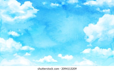 Watercolor vector illustration of blue sky and clouds