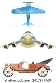 Watercolor vector illustration boys toy baby shower set with the car, airplane. Illustration handpainted cute baby toys elements for kids	