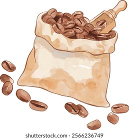 Watercolor vector illustration of brown roasted beans in jute sack. Hand drawn fresh coffee beans in a rustic jute sack. Good for food ingredient design, postcard, product label