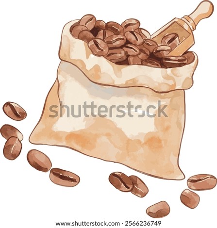 Watercolor vector illustration of brown roasted beans in jute sack. Hand drawn fresh coffee beans in a rustic jute sack. Good for food ingredient design, postcard, product label