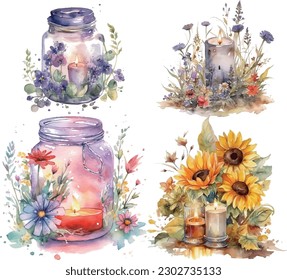 Watercolor vector illustration with candles in a jar, flowers, wildflowers and branches. Hand painted romantic summer composition with flowers and leaves isolated on white background.