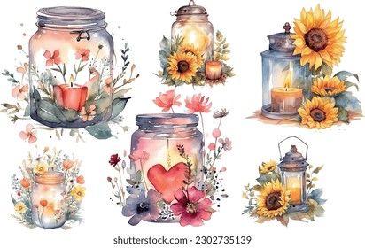 Ilustración vectorial acuarela con velas en un frasco, flores, flores silvestres y ramas. Composición de verano romántica pintada a mano con flores y hojas aisladas en fondo blanco.