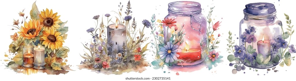 Ilustración vectorial acuarela con velas en un frasco, flores, flores silvestres y ramas. Composición de verano romántica pintada a mano con flores y hojas aisladas en fondo blanco.