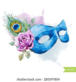 Watercolor Vector Illustration Carnival Mask With Flowers And A Peacock Feather