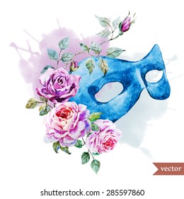 watercolor vector illustration carnival mask with flowers