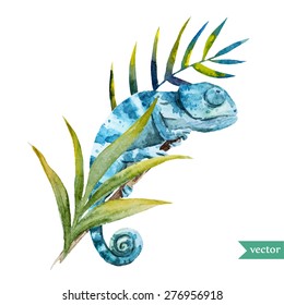 watercolor vector illustration chameleon with tropical leaves