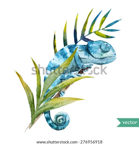 watercolor vector illustration chameleon with tropical leaves