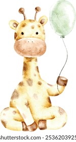 ilustração de vetor de aquarela 
girafa bonito infantil com um balão