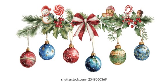 ilustração de vetor aquarela decoração de Natal com bolas e doces bengalas e fita, conjunto festival