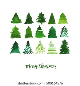 Watercolor vector illustration of Christmas trees. Merry Christmas and Happy New Year greeting card.