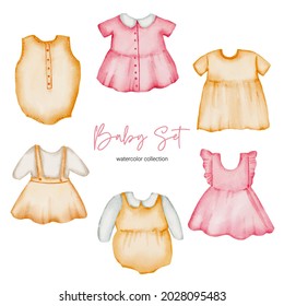 Watercolor vector illustration clothes object asset. Baby stuffs set of clothes boy and girl, it soft, sterile, chemical-free, using natural fibers in production. safe for children.