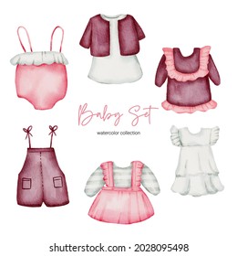 Watercolor vector illustration clothes object asset. Baby stuffs set of clothes boy and girl, it soft, sterile, chemical-free, using natural fibers in production. safe for children.