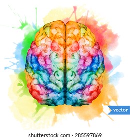 watercolor vector illustration colored brain two hemispheres on the background of bright spots