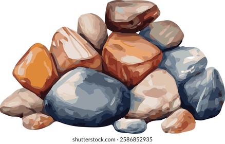 Watercolor Vector Illustration of Colorful Stones and Pebbles