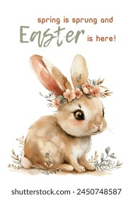 Watercolor vector illustration, cute bunny with a wreath of flowers on his head, gentle illustration for Easter