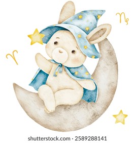 watercolor vector illustration cute bunny astrologer in a hat, on a cloud