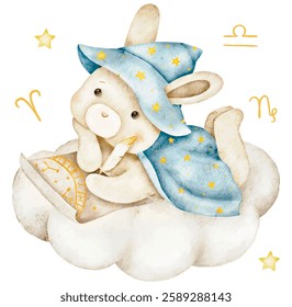 watercolor vector illustration cute bunny astrologer in a hat, on a cloud