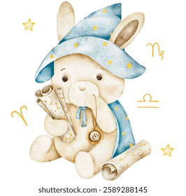 watercolor vector illustration cute bunny astrologer in a hat, on a cloud