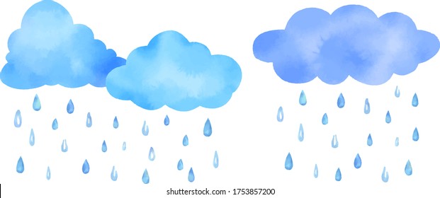 Watercolor vector illustration of cute clouds and rain drops.