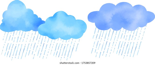 Watercolor vector illustration of cute clouds and heavy rain.