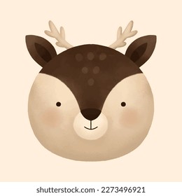 Watercolor vector illustration of a cute deer head. Kawaii baby deer character perfect for nursery decor and baby shower. Hand drawn cute animals.