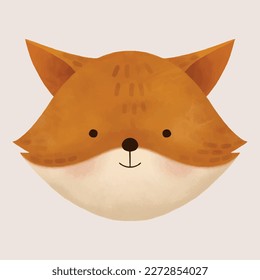 Watercolor vector illustration of a cute fox head. Kawaii baby fox character perfect for nursery decor and baby shower. Hand drawn cute animals.