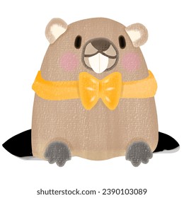 Watercolor vector illustration cute groundhog playing mischievously