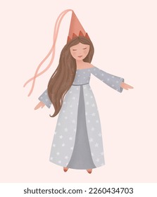 Watercolor vector illustration of a cute princess in a dress with stars in pastel colors