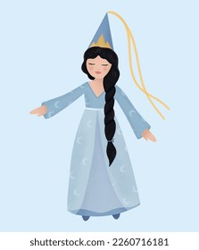 Watercolor vector illustration of a cute princess in a dress with moons in blue pastel colors