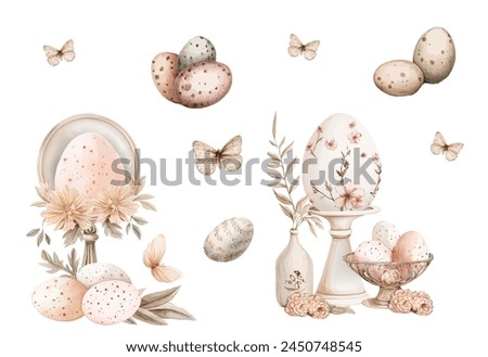 Watercolor vector illustration, delicate Easter eggs in antique style, cute butterflies