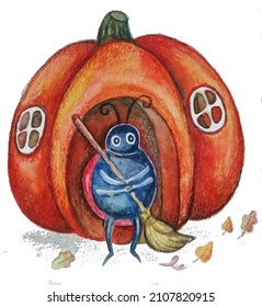 Watercolor vector illustration depicting a beetle living in a pumpkin and sweeping the porch