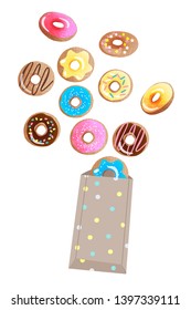  Watercolor vector  illustration of donuts falling out of a paper bag