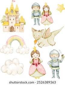ilustração de vetor de aquarela 
conto de fadas princesa castelo dragão
