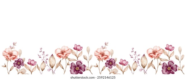 watercolor vector illustration floral border
with copy space,violet and pink gentle flowers