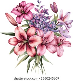 watercolor vector illustration of Floral bouquet made of Alstroemeria, Gerber, Rose, and Chrysanthemums