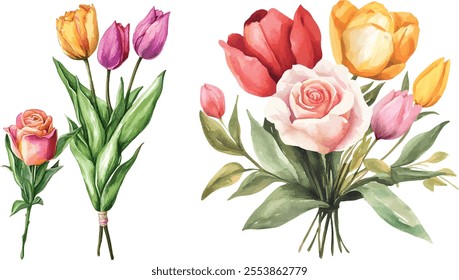 watercolor vector illustration of Floral bouquets made of Alstroemeria, Gerber, Rose, and Chrysanthemums