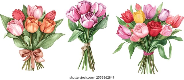 watercolor vector illustration of Floral bouquets made of Alstroemeria, Gerber, Rose, and Chrysanthemums