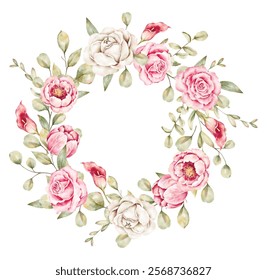 watercolor vector illustration floral
wreath with eucalyptus leaves and roses
