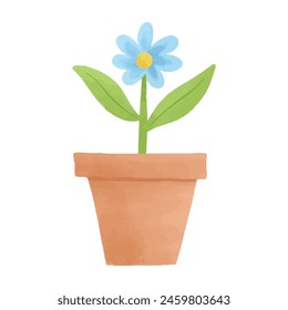 Watercolor vector illustration of flower in a pot in childish style.